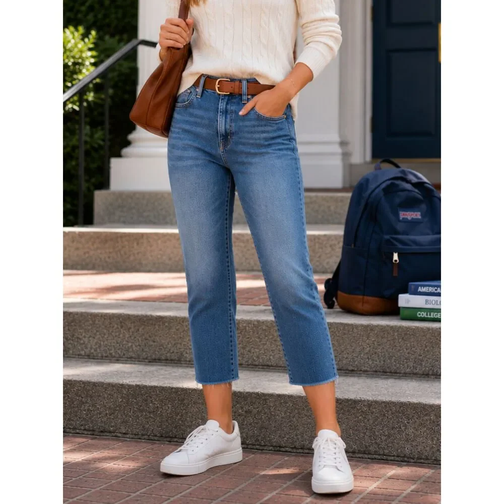 J.CREW Vintage Straight Leg Crop High Rise 28  Women's Stretch Jeans Raw Hem